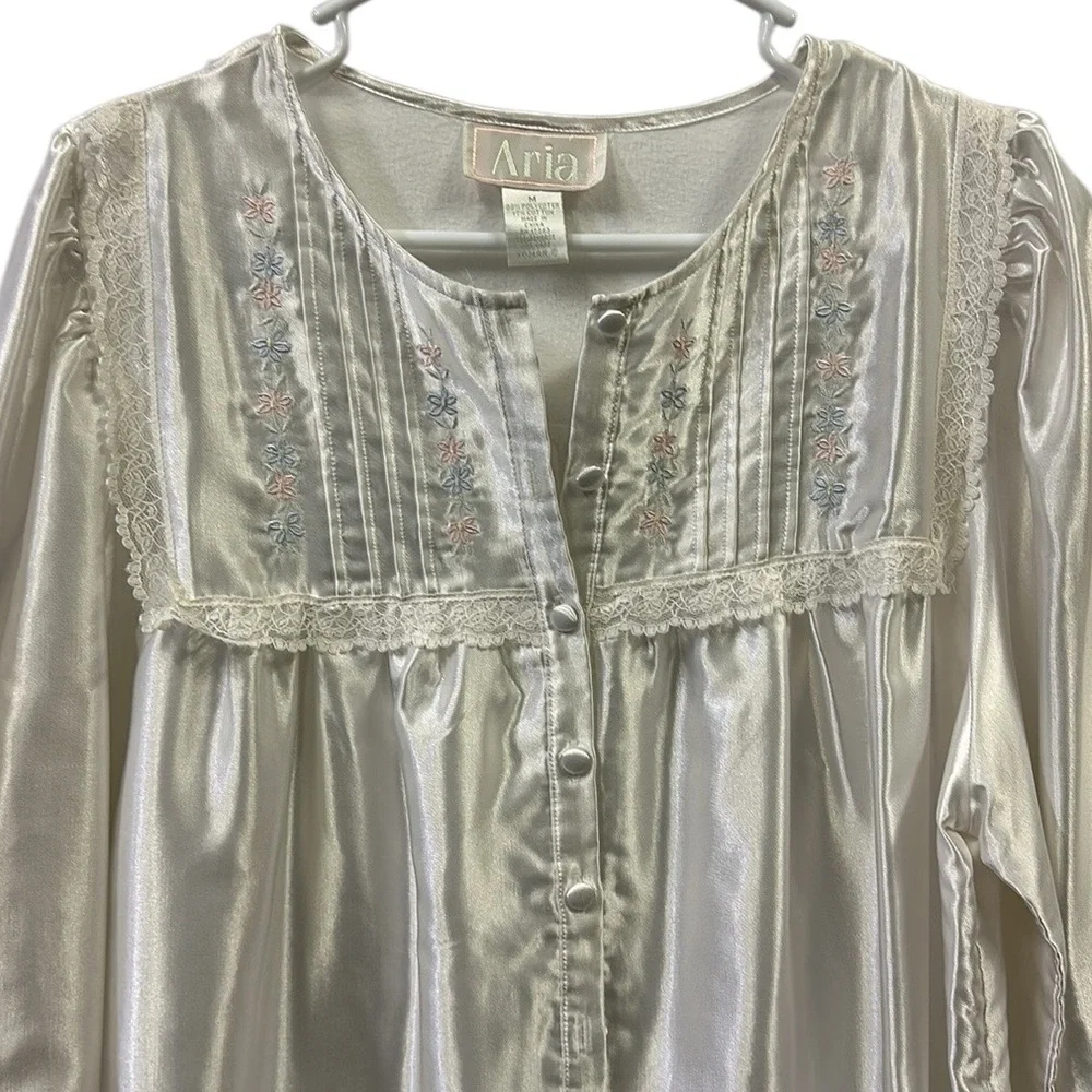 Aria White Satin Long Soft Lined Embroidered Modest House Dress Womens Medium
